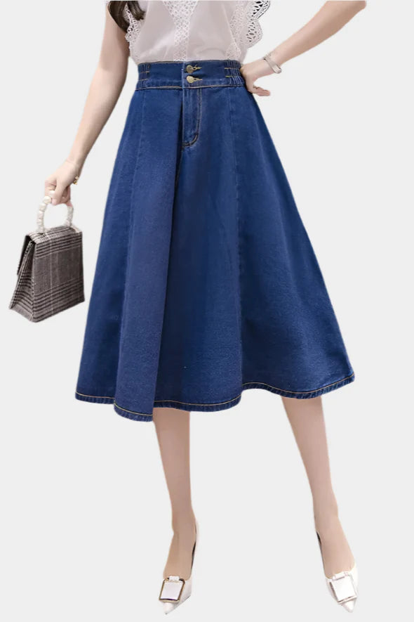Blauwe Denim Midi Rok met Hoge Taille