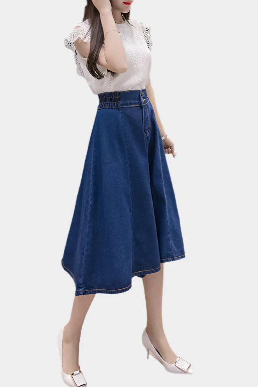 Blauwe Denim Midi Rok met Hoge Taille