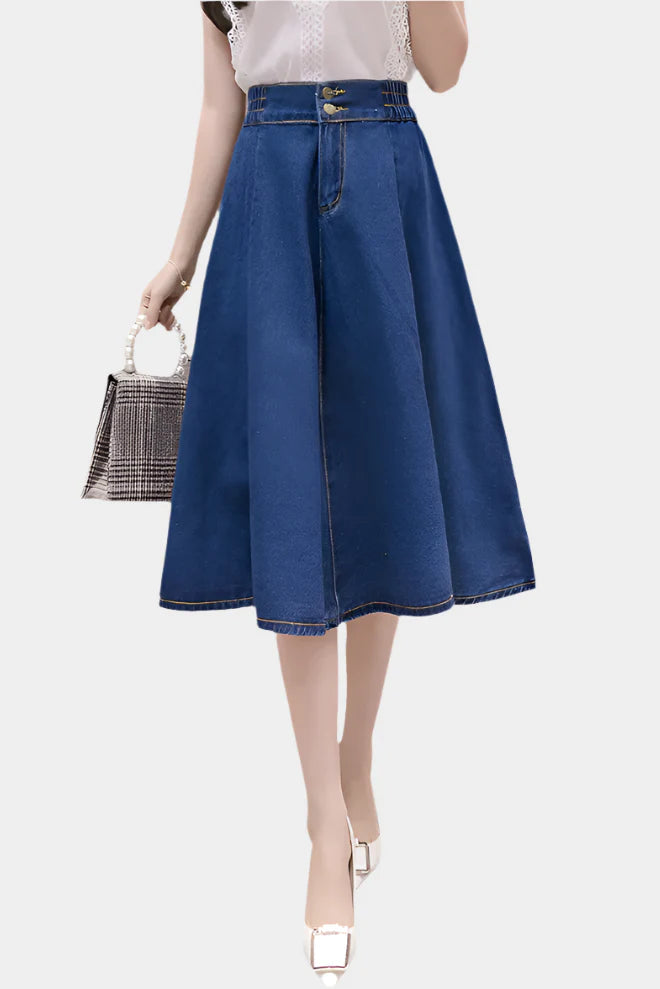Blauwe Denim Midi Rok met Hoge Taille