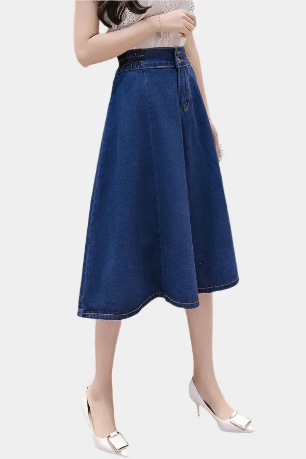 Blauwe Denim Midi Rok met Hoge Taille