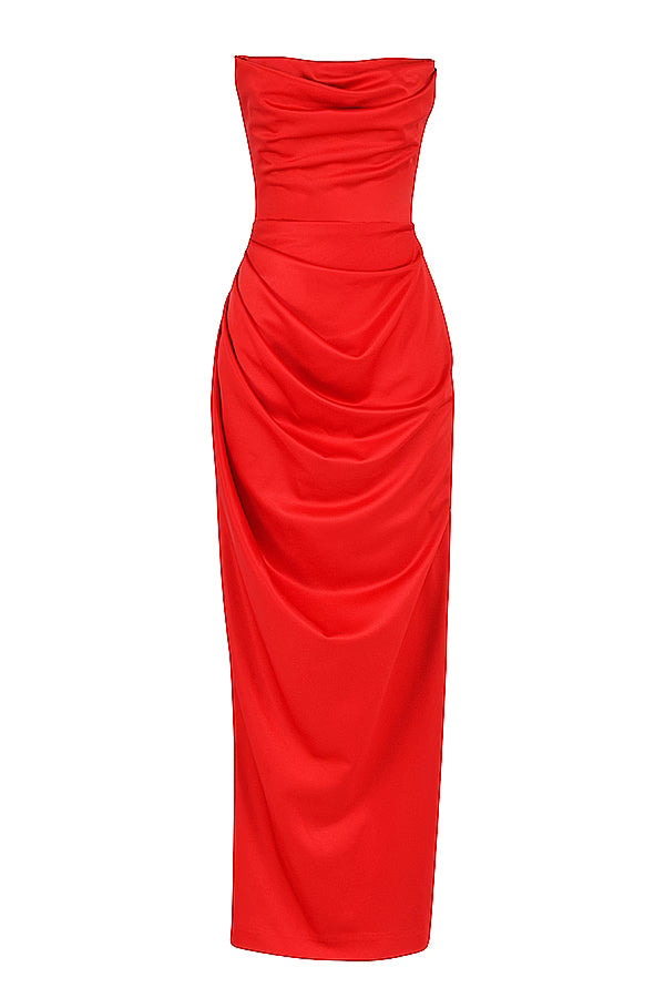 Rode Satijnen Strapless Maxi Jurk