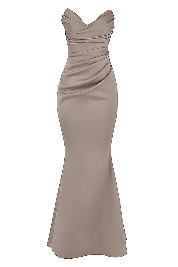 Strapless lange avondjurk met gedrapeerd lijfje