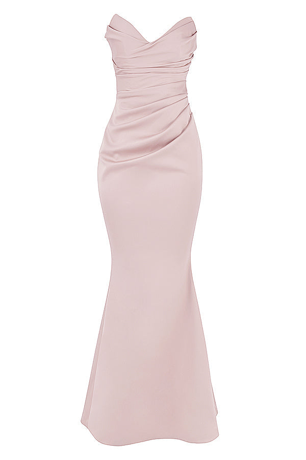 Strapless lange avondjurk met gedrapeerd lijfje
