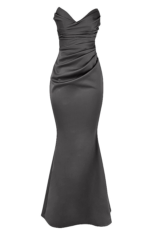 Strapless lange avondjurk met gedrapeerd lijfje