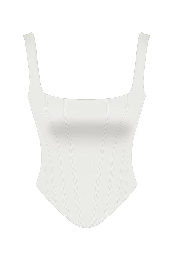 Lång korsett i elfenbensfärgad satin med utskuren lång kjol