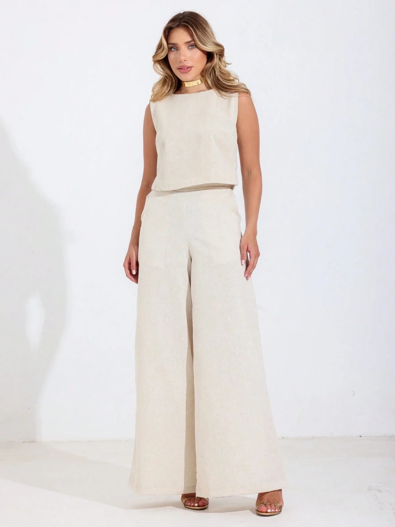 Mouwloze Crop Top & Wijde Broek Set