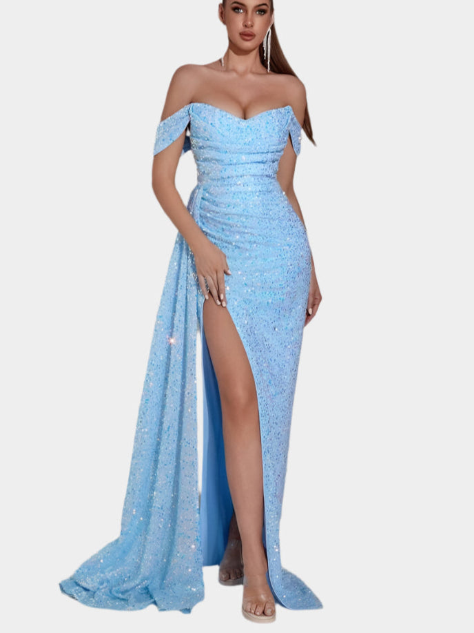 Off-Shoulder Maxi Jurk met Pailletten en Split