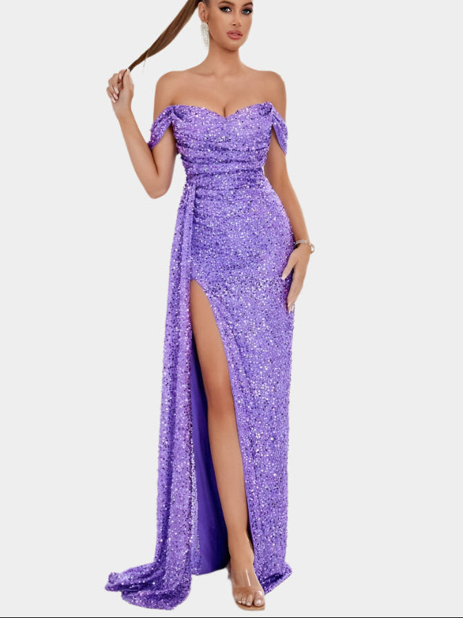 Off-Shoulder Maxi Jurk met Pailletten en Split
