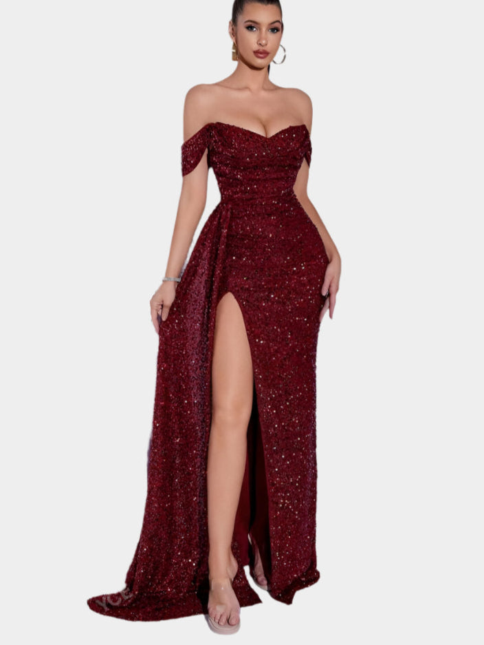 Off-Shoulder Maxi Jurk met Pailletten en Split