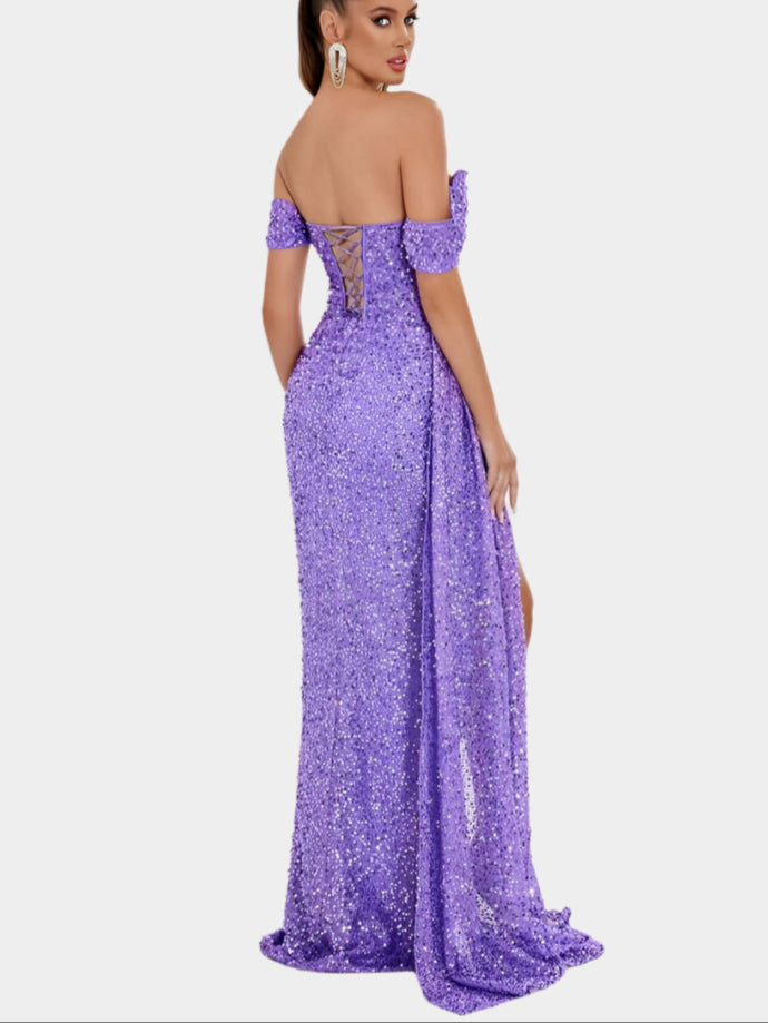 Off-Shoulder Maxi Jurk met Pailletten en Split