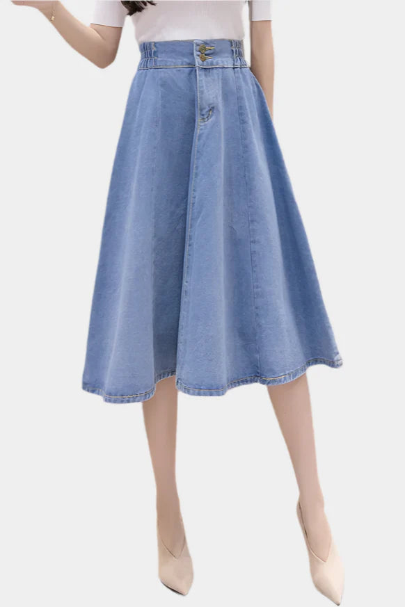 Blauwe Denim Midi Rok met Hoge Taille