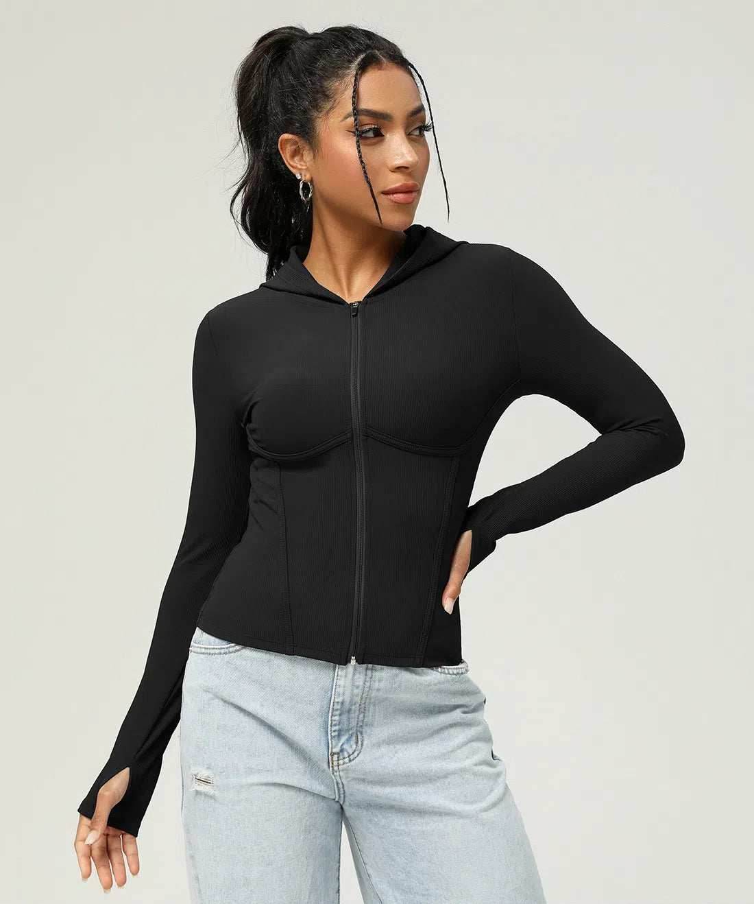 Geribbelde Hoodie met Rits