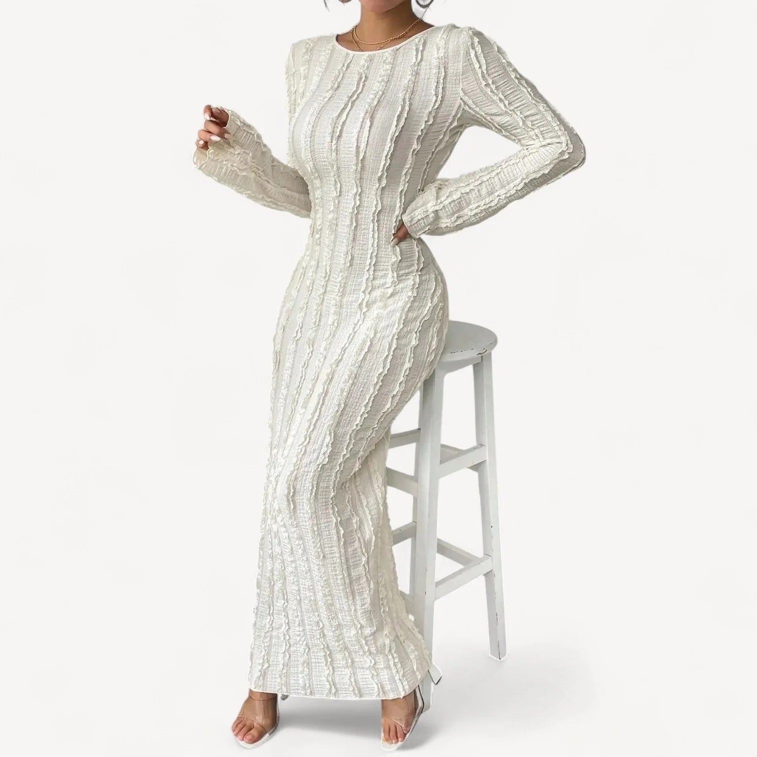 Witte Maxi Jurk met Structuurpatroon