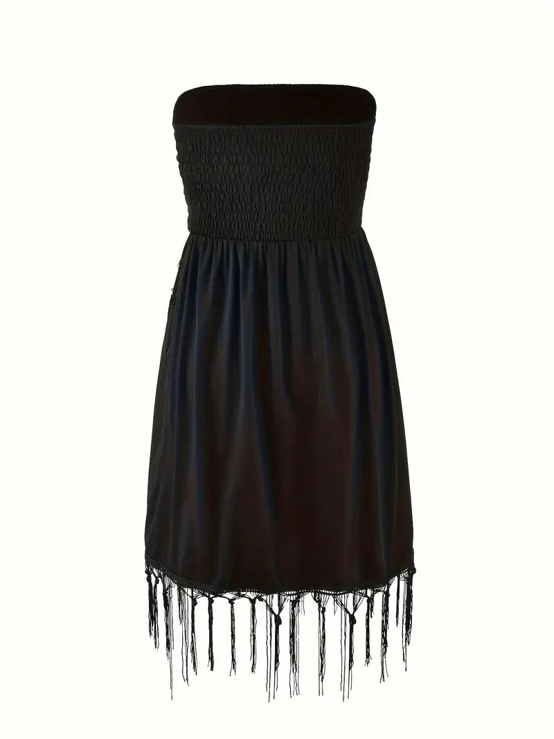 Zwarte Strapless Jurk met Franjes