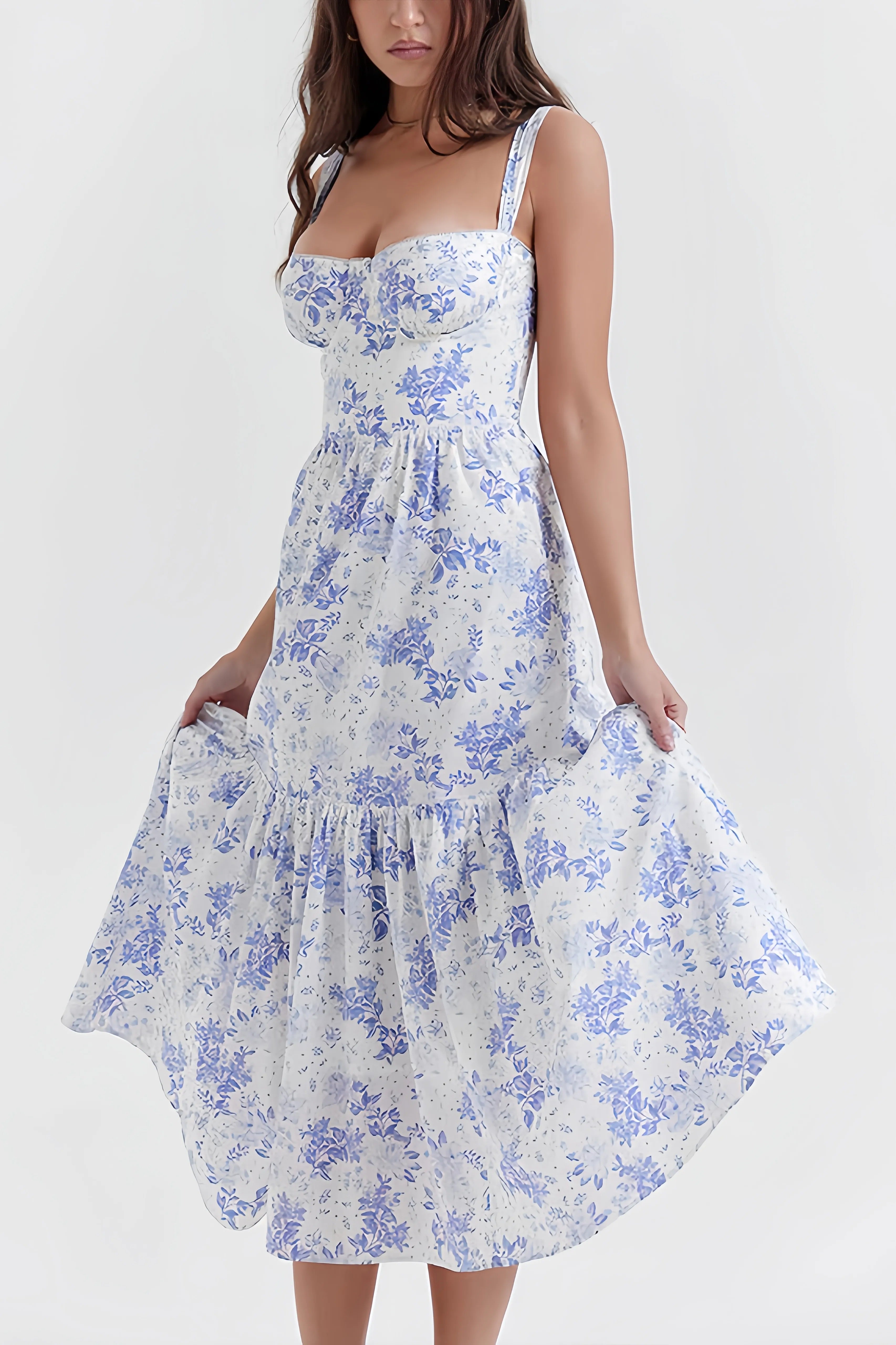Witte en blauwe maxi-korsetjurk met bloemenprint