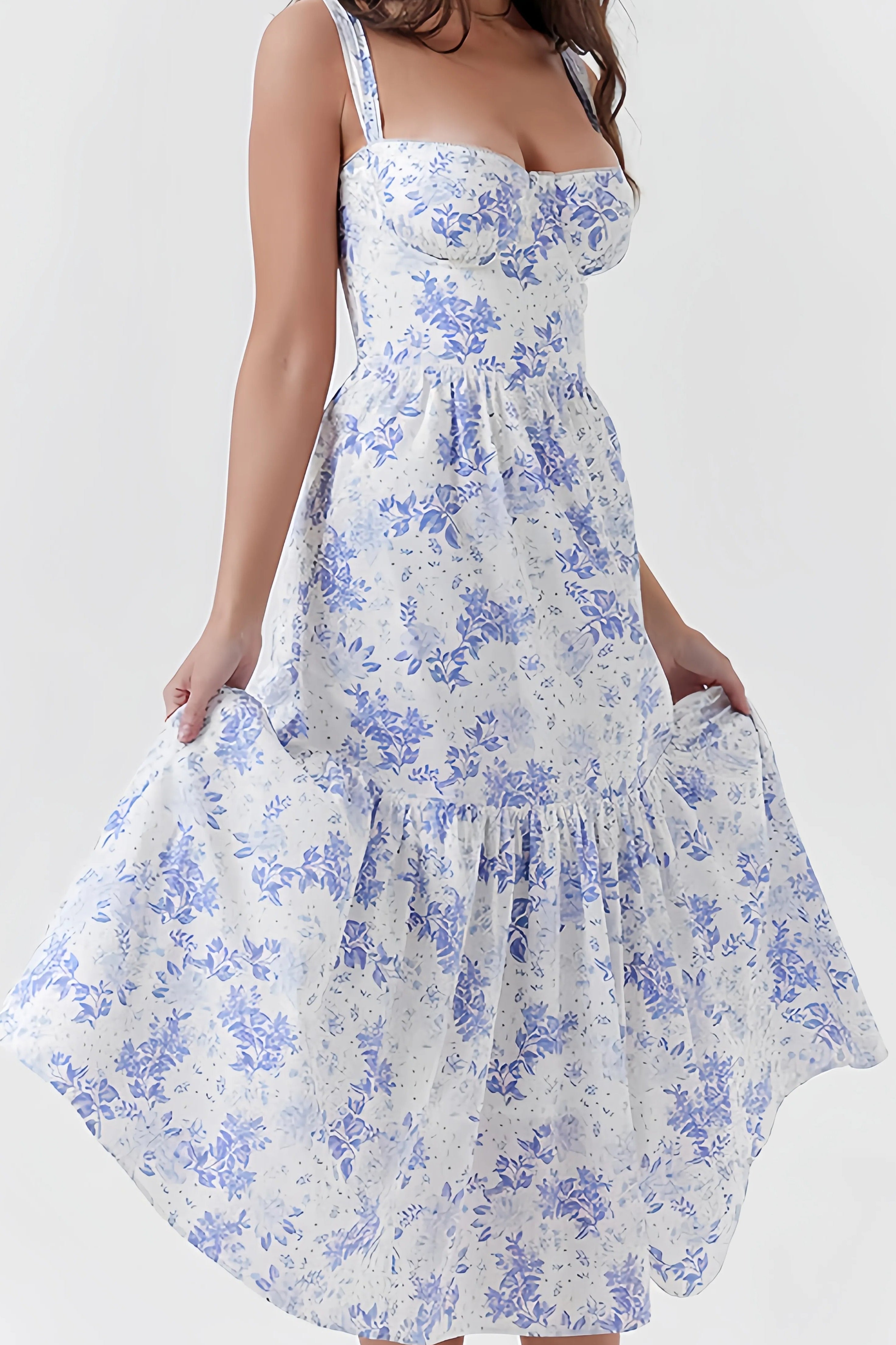 Witte en blauwe maxi-korsetjurk met bloemenprint