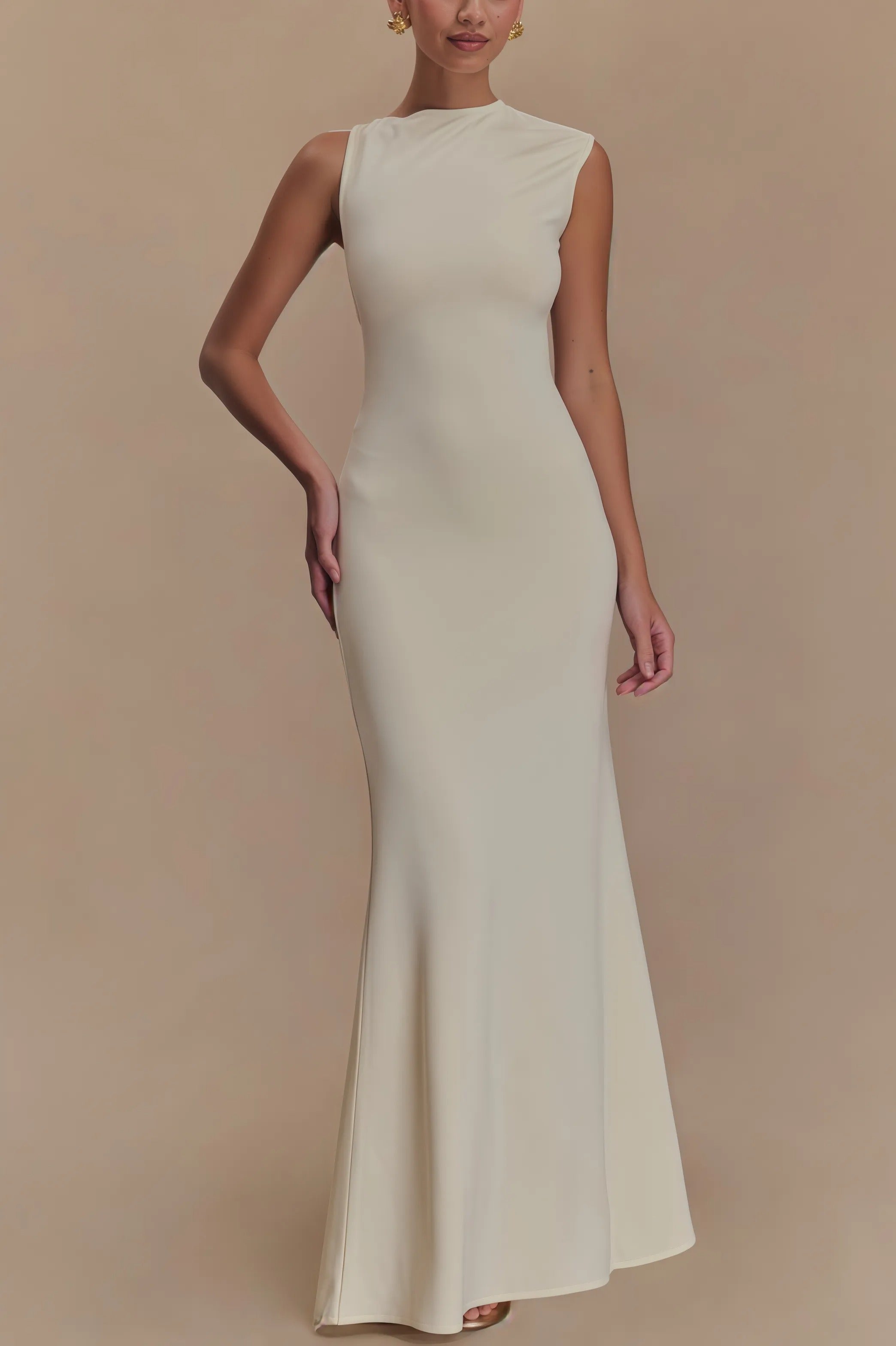 Beige mouwloze maxi-jurk