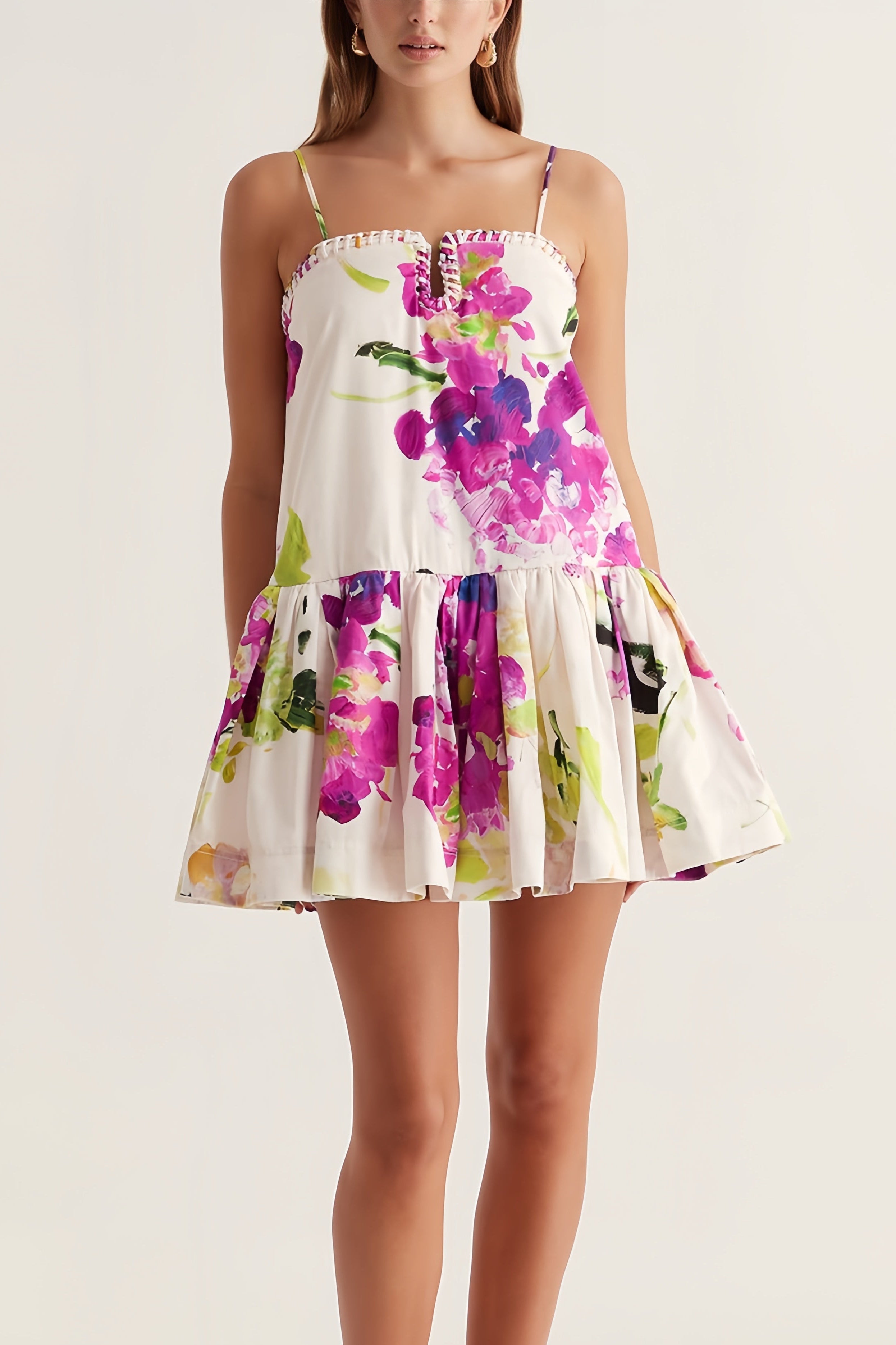 Mini-jurk met bloemenprint en smalle bandjes