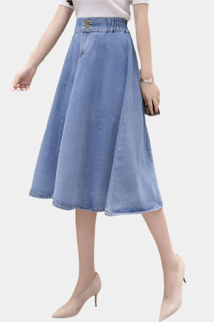 Blauwe Denim Midi Rok met Hoge Taille