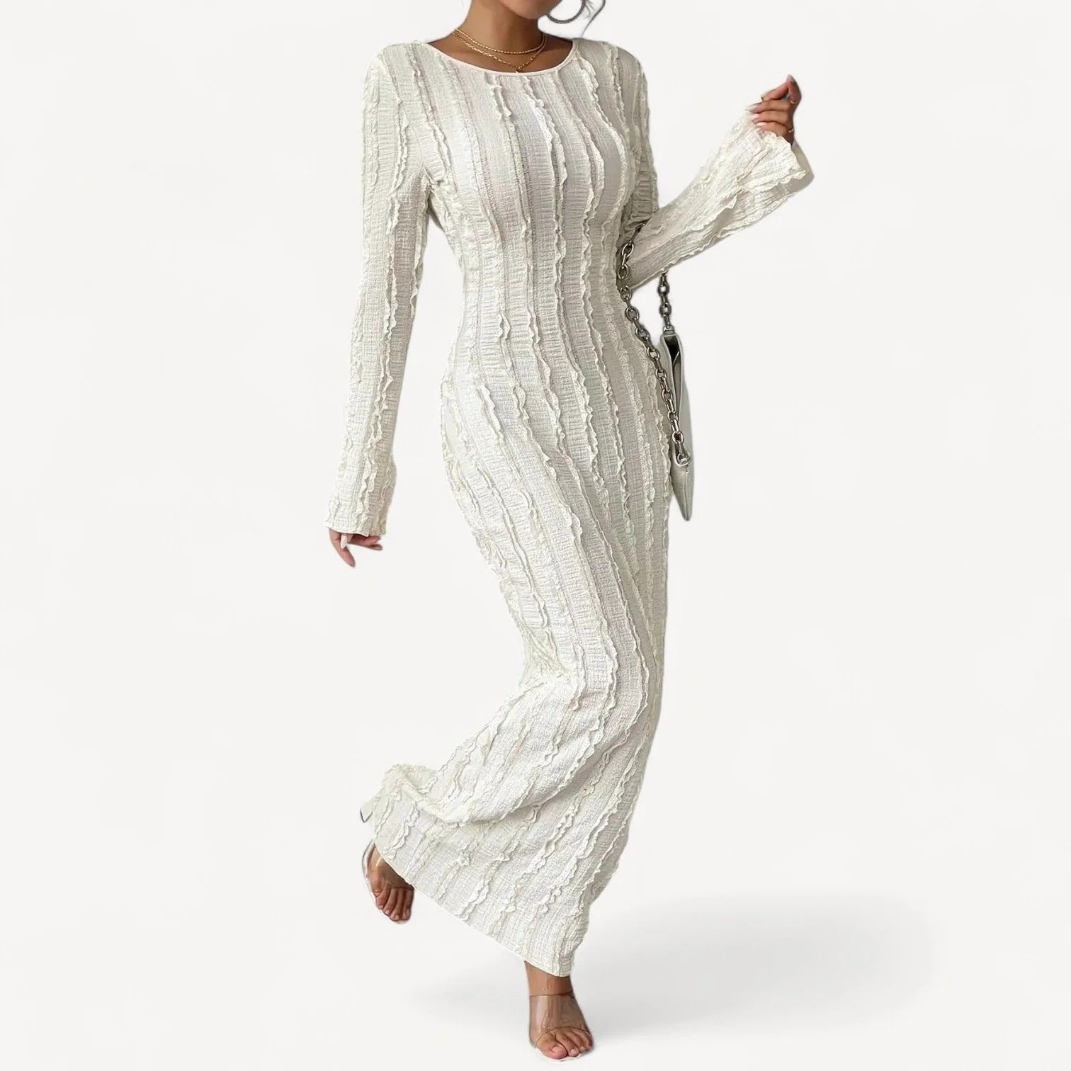 Witte Maxi Jurk met Structuurpatroon