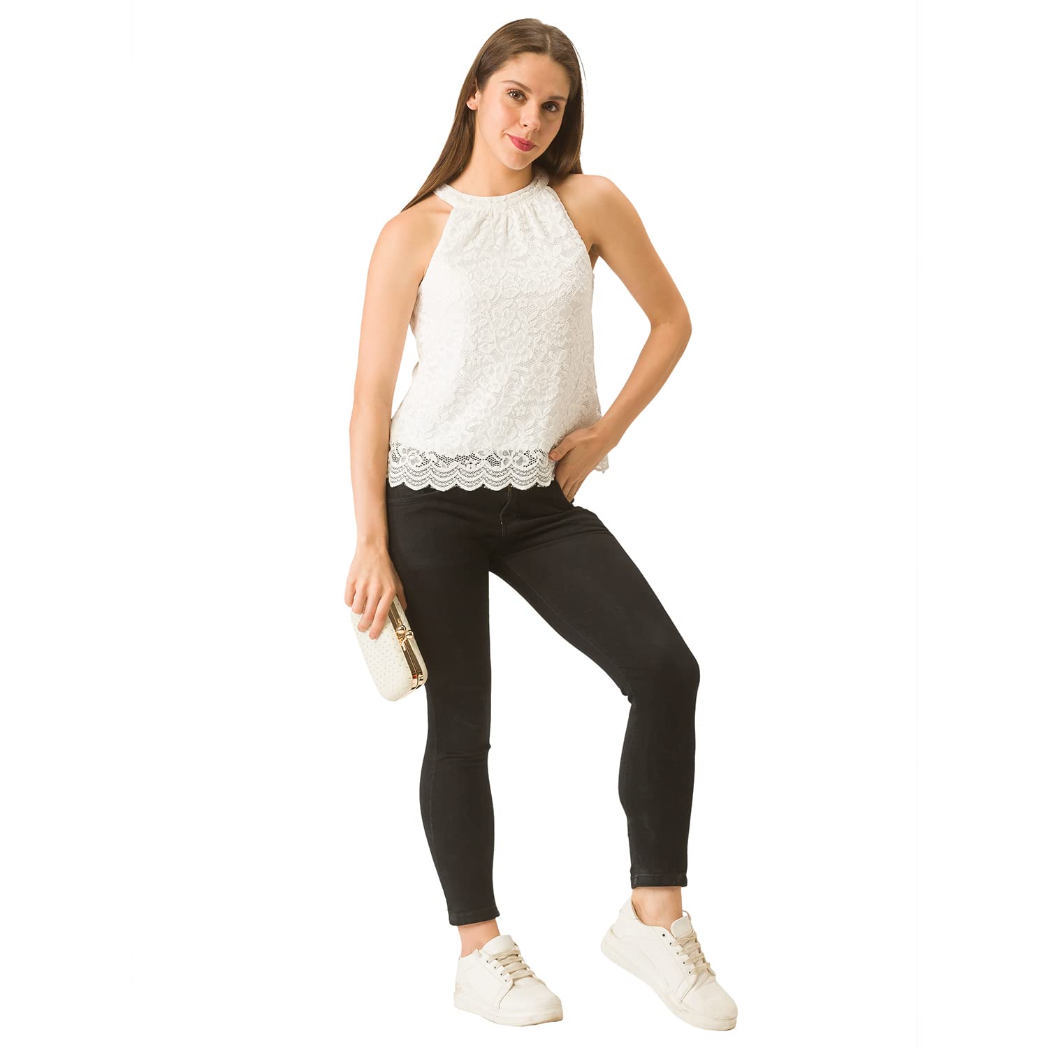 Witte kanten haltertop met afgeronde rand