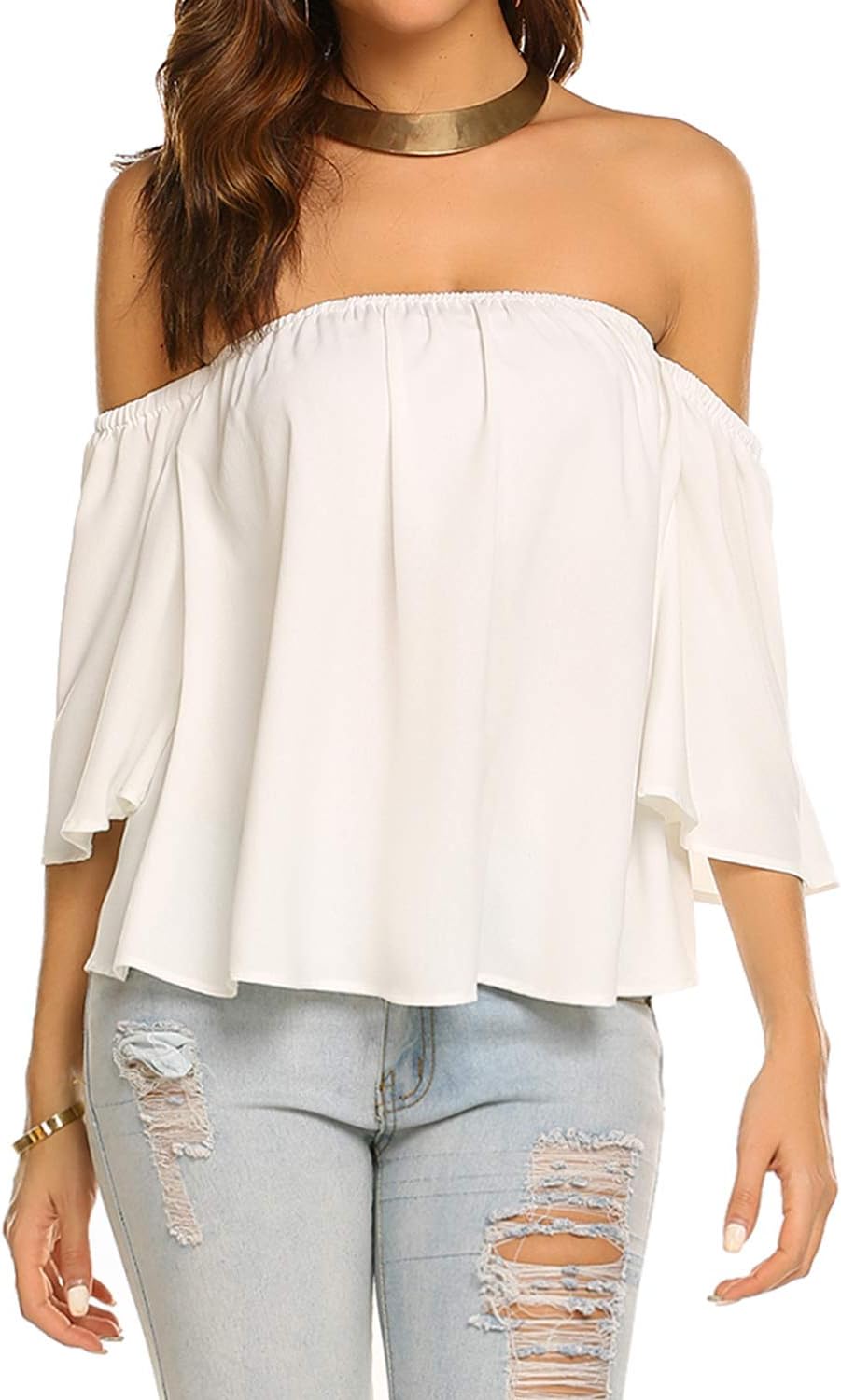 Off-shoulder blouse met wijde mouwen