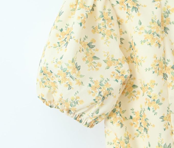 Gele Mini Jurk met Bloemenprint en Pofmouwen
