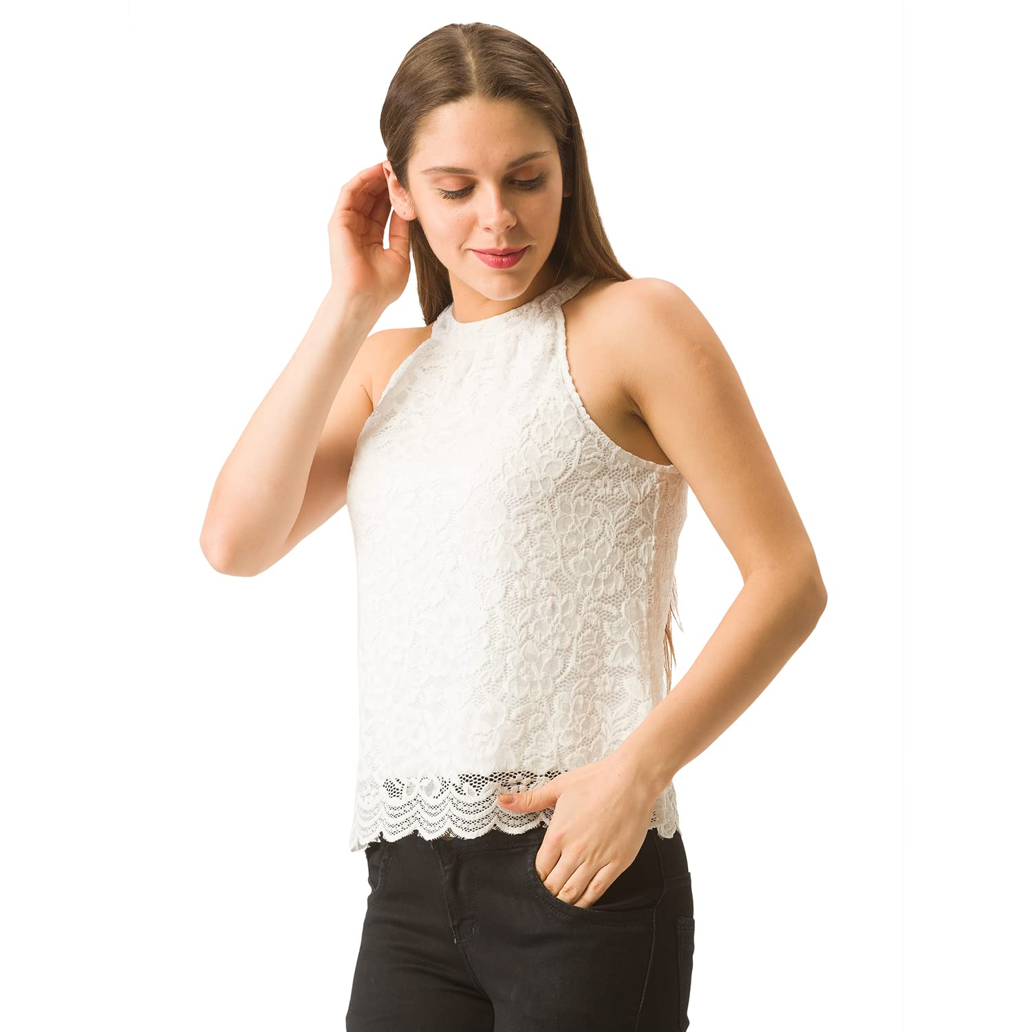 Witte kanten haltertop met afgeronde rand