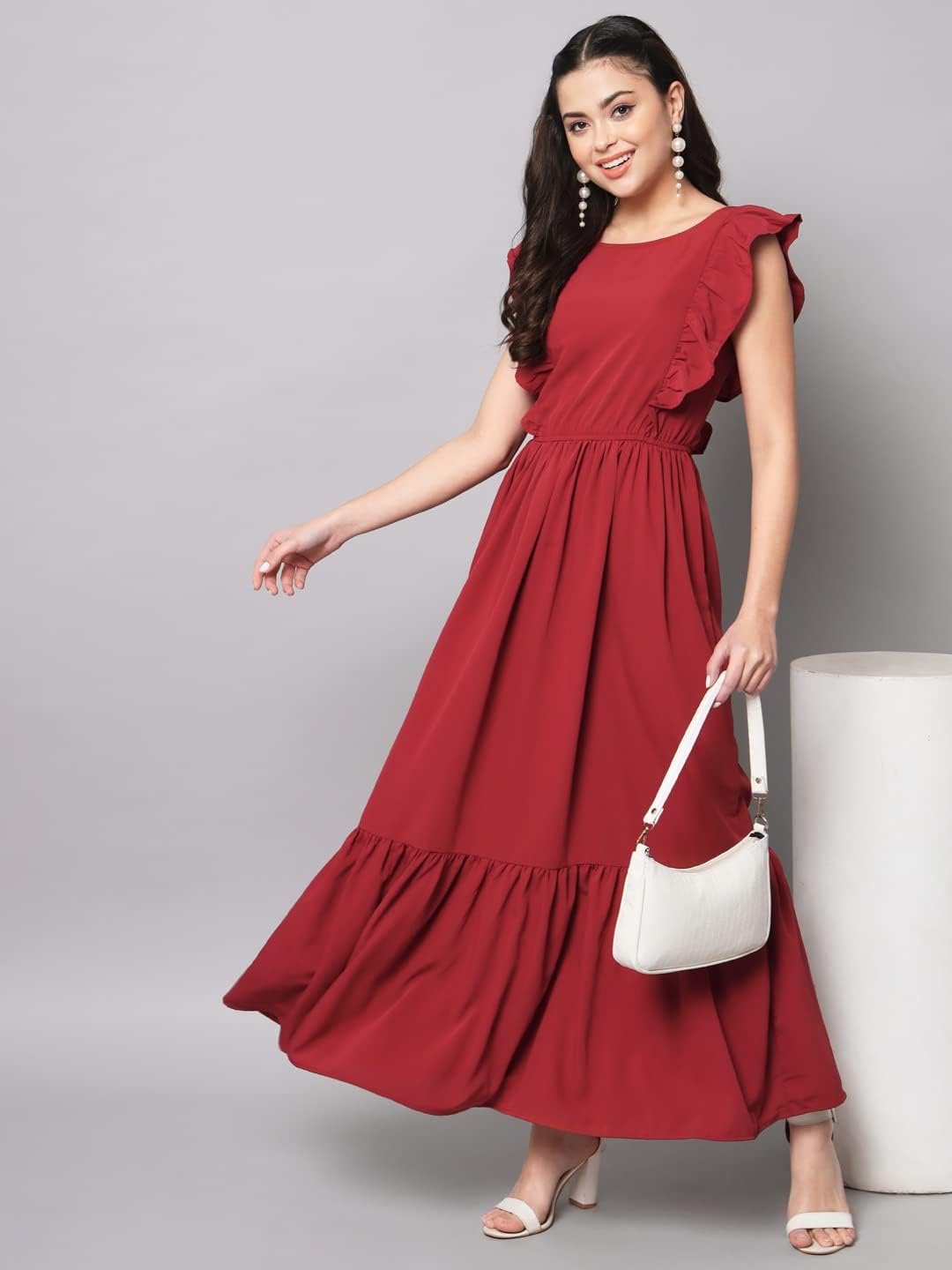 Rode maxi-jurk met ruche mouwen