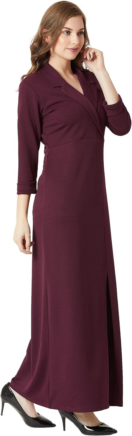 Bourgondische maxi-jurk met kraag en split