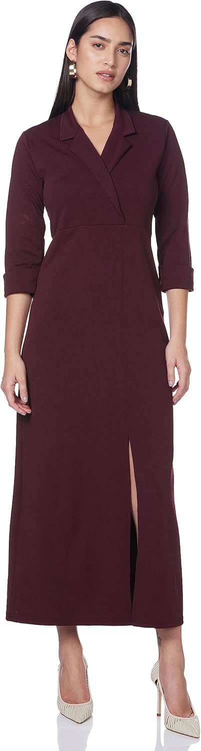 Bourgondische maxi-jurk met kraag en split