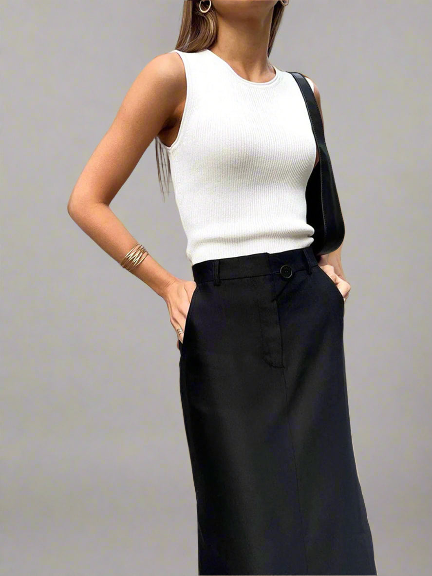 Zwarte Satijnen Maxi-Rok met Tailored Details
