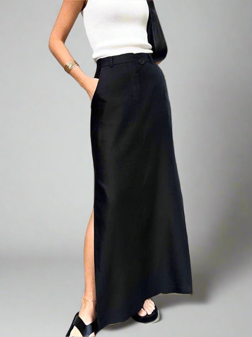 Zwarte Satijnen Maxi-Rok met Tailored Details