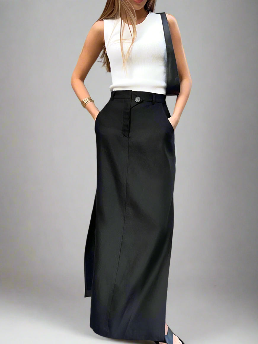 Zwarte Satijnen Maxi-Rok met Tailored Details