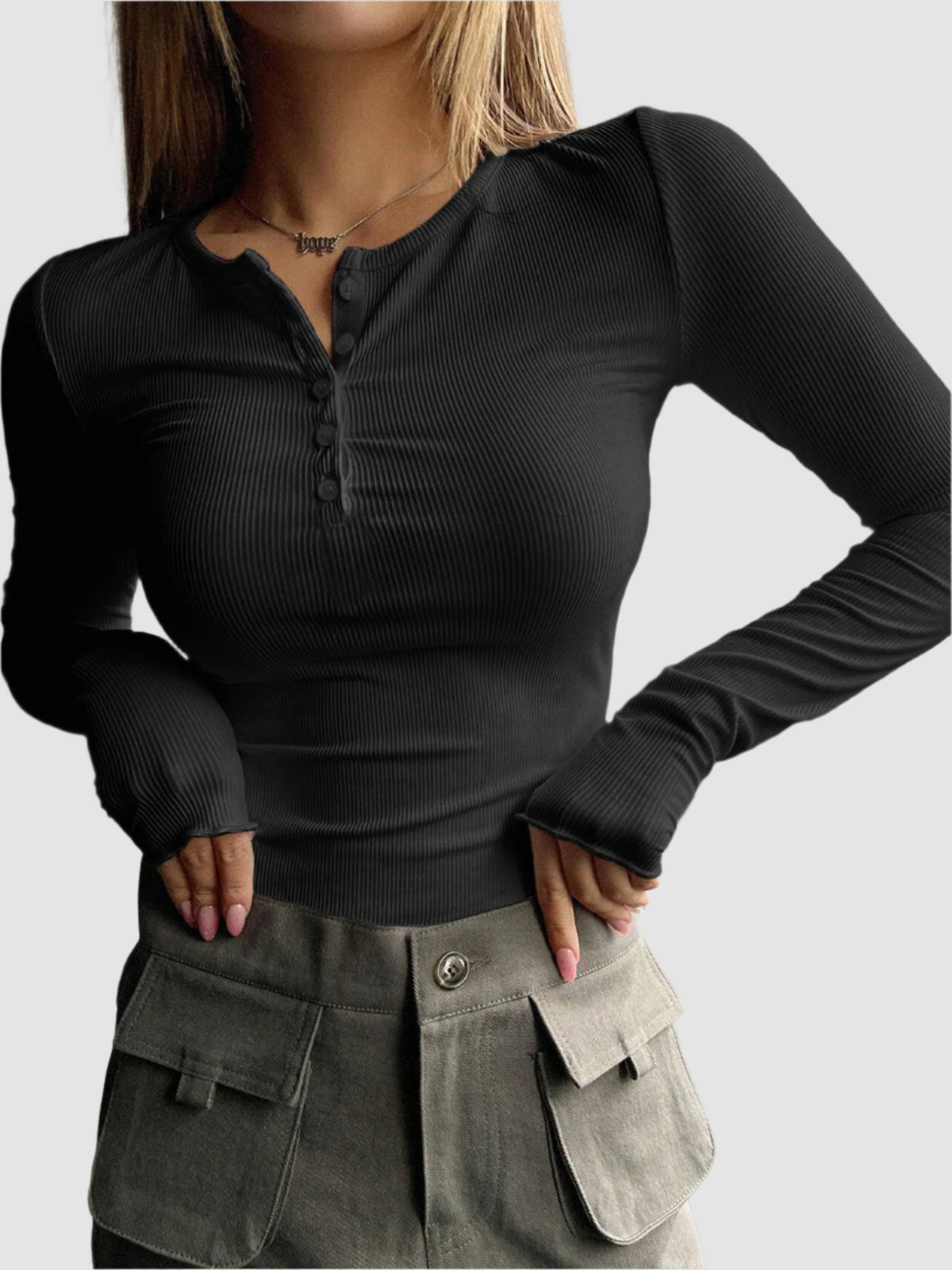Geribbelde Henley-top met lange mouwen