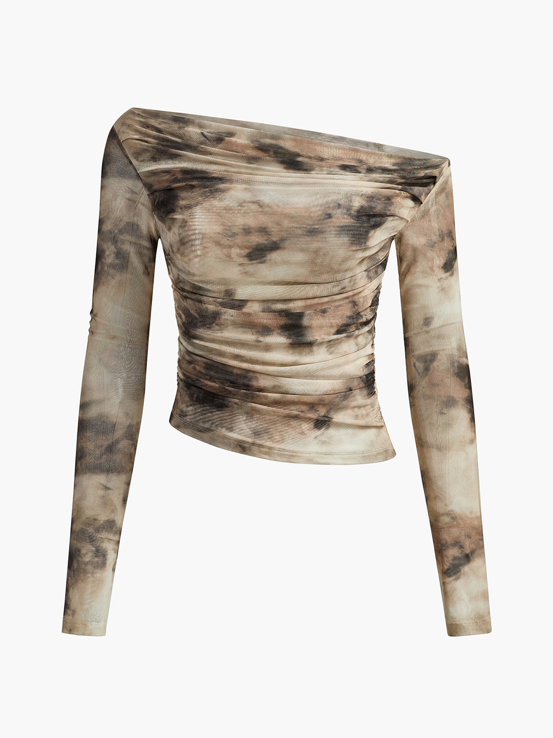 Bruine tie-dye off-shoulder top met lange mouwen