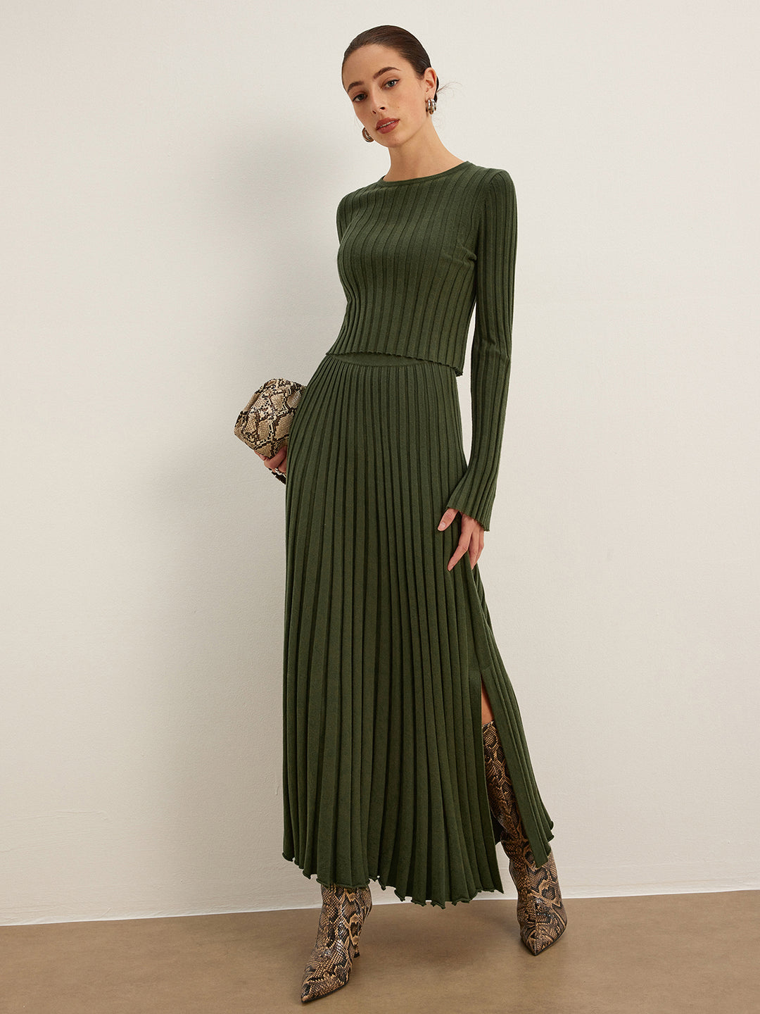Ribbelset met Lange Mouwen Top en Maxi-Rok