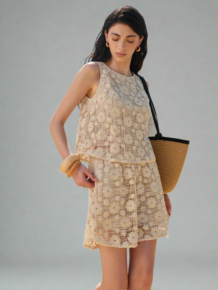 Beige Bloemenkant Set