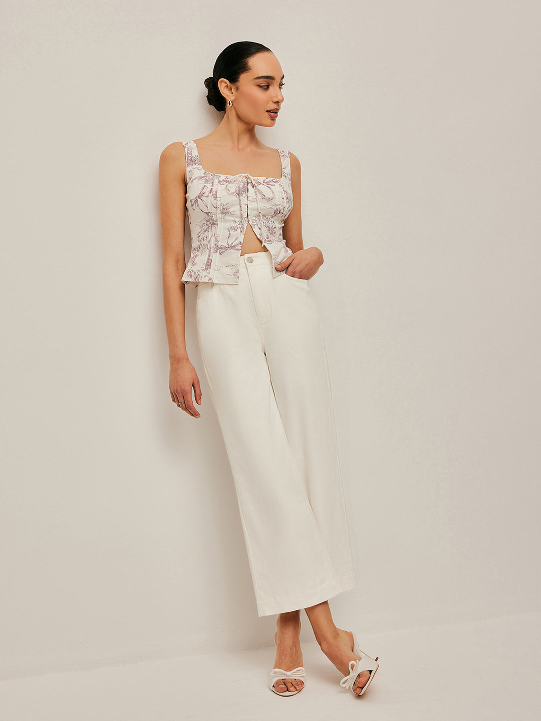 Top met patroon, strik en vierkante halslijn