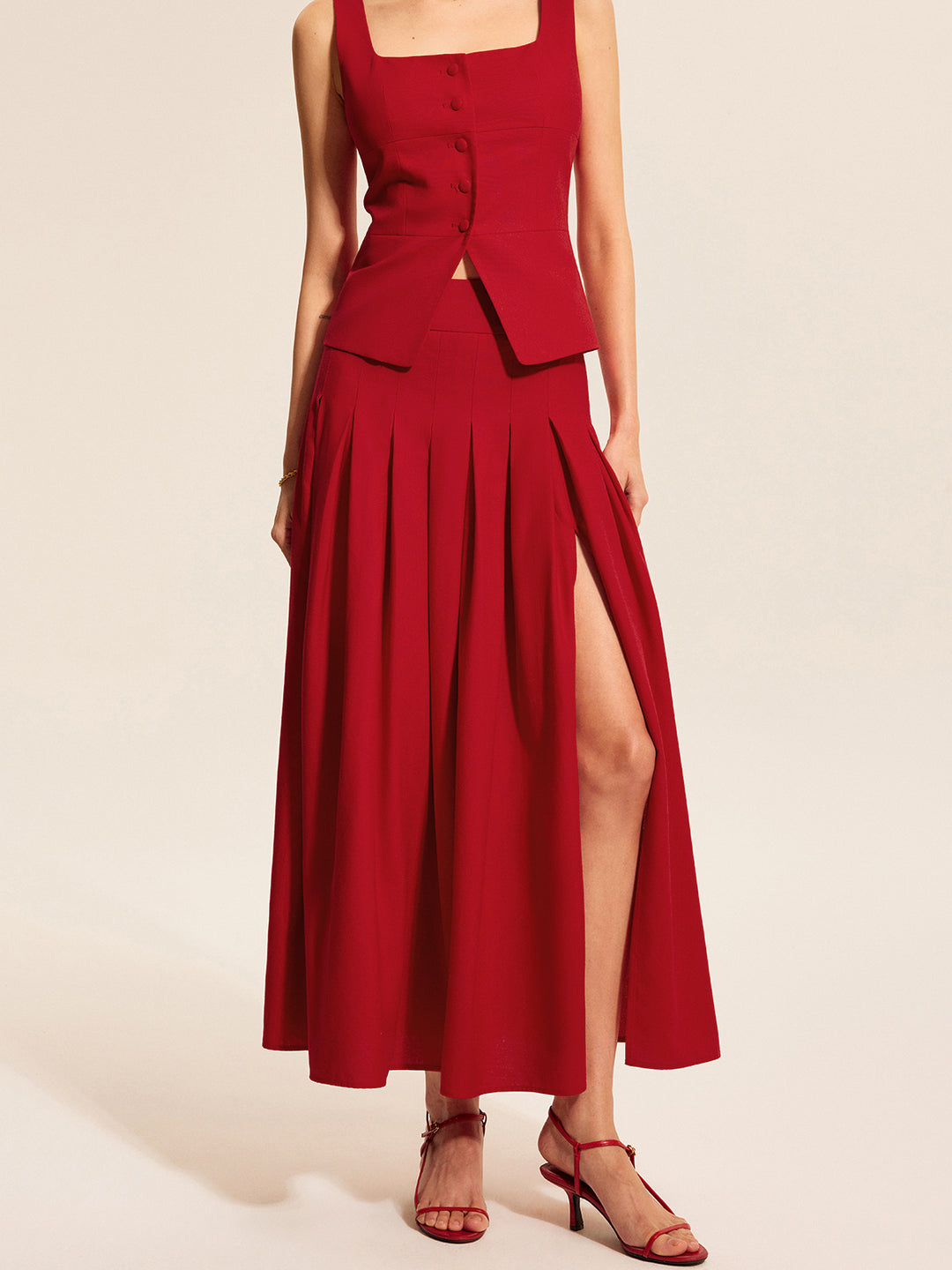 Rode Geplooide Maxi-Rok