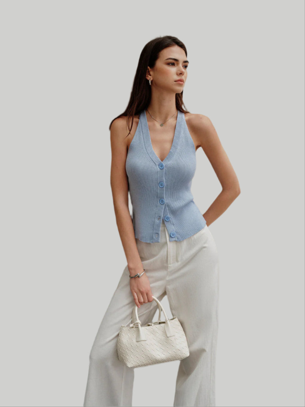Blauw geribbeld mouwloos overhemd met knoopjes