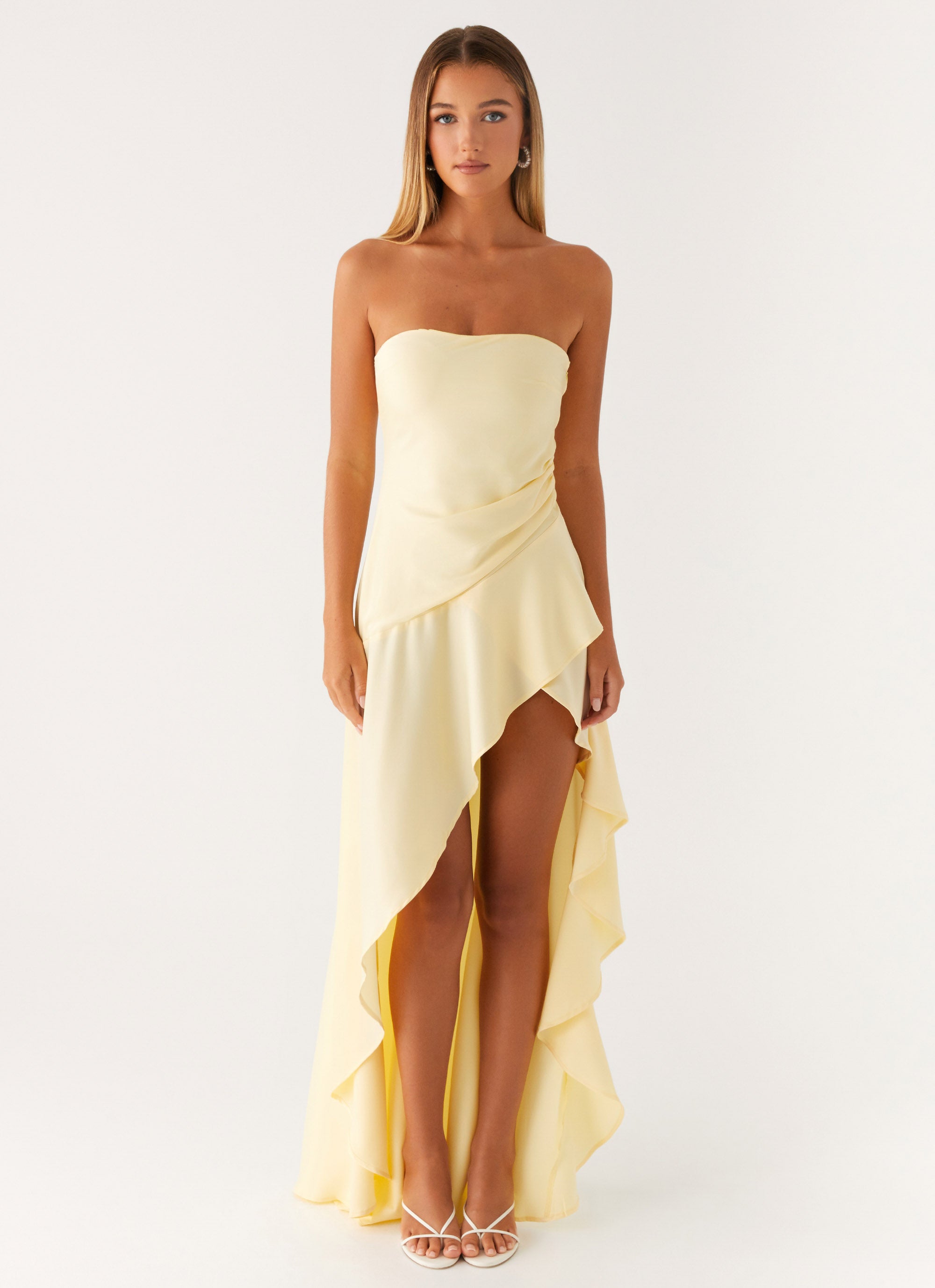 Lichtgele strapless maxi-jurk met ruches