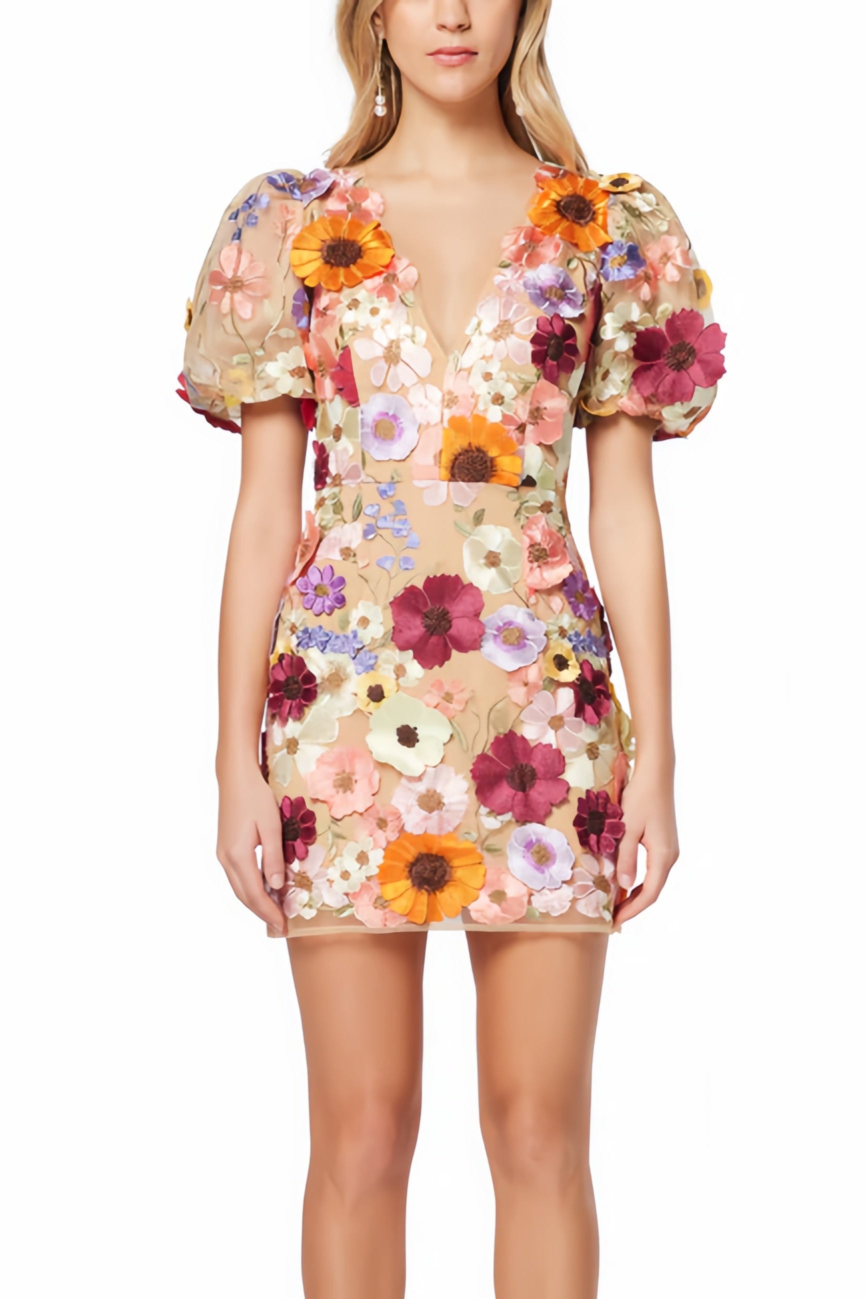 Mini-jurk met bloemenprint, pofmouwen en diepe halslijn