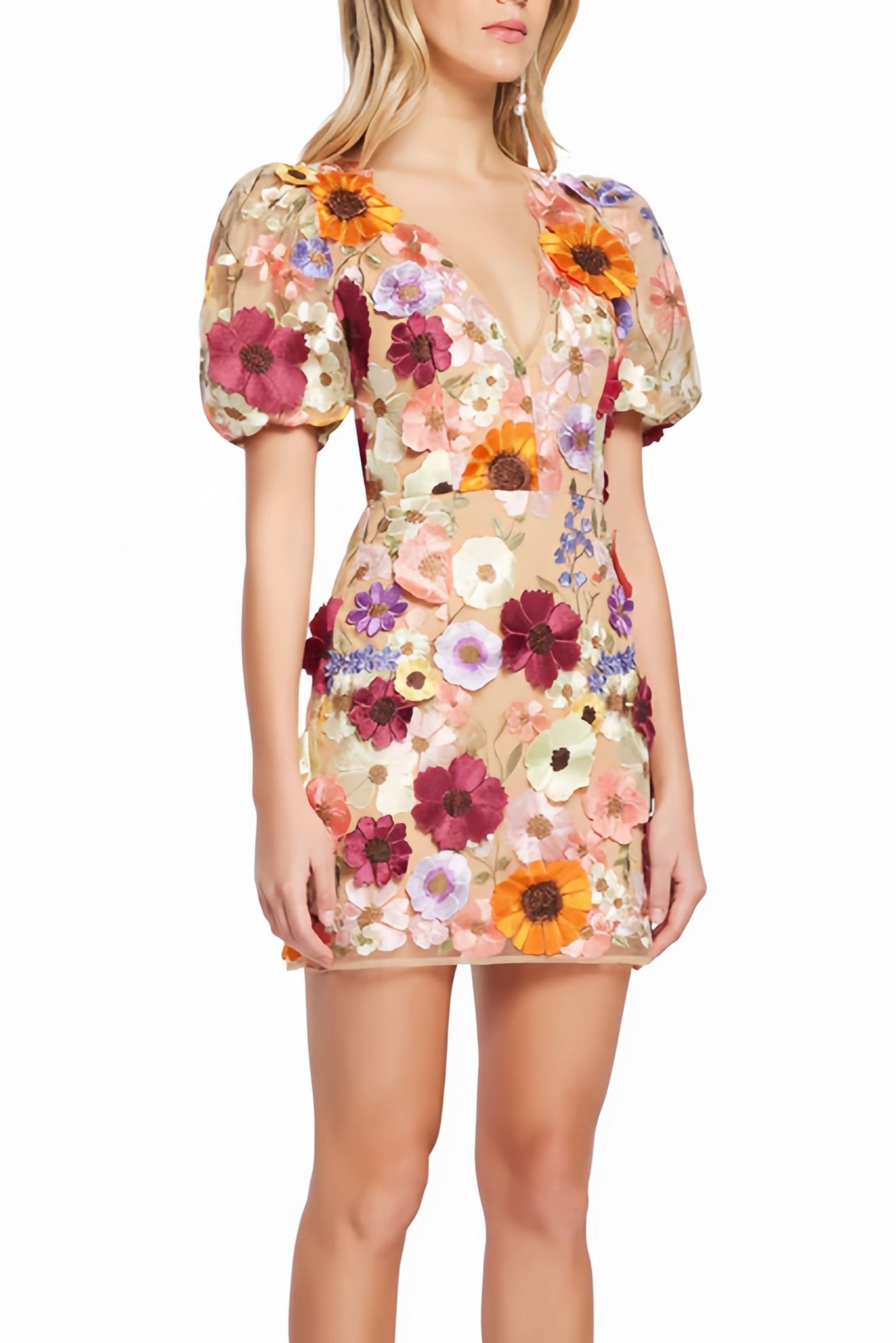 Mini-jurk met bloemenprint, pofmouwen en diepe halslijn