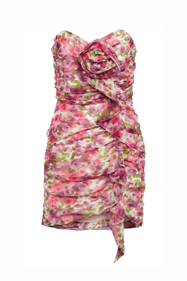 Strapless roze mini-jurk met patroon en drapering