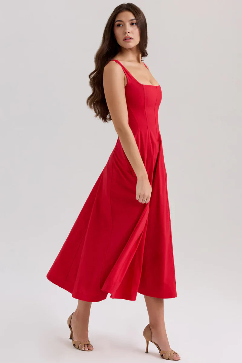 Fit & Flare Midi Jurk met Vierkante Hals