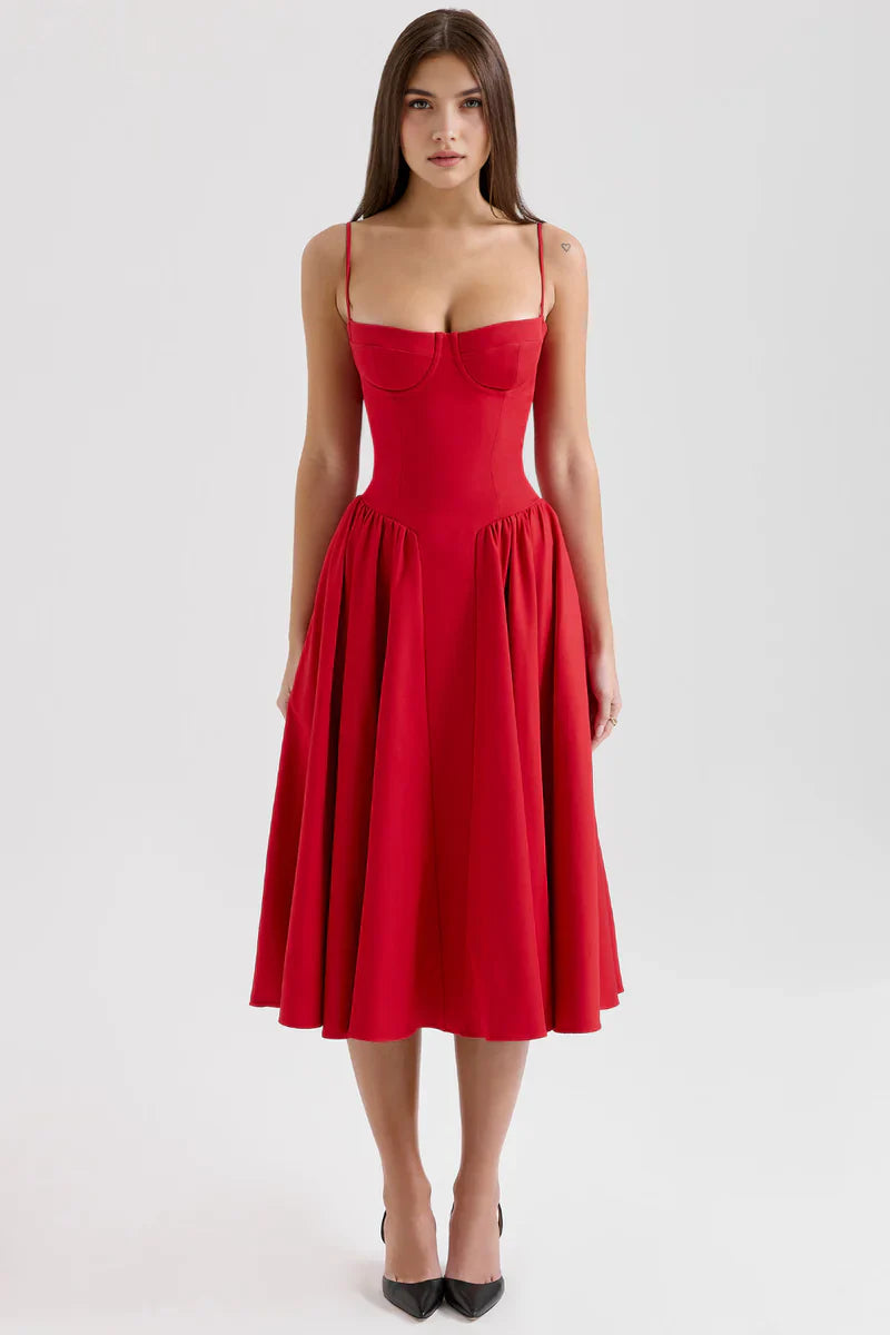 Corset Midi Jurk met Spaghettibandjes