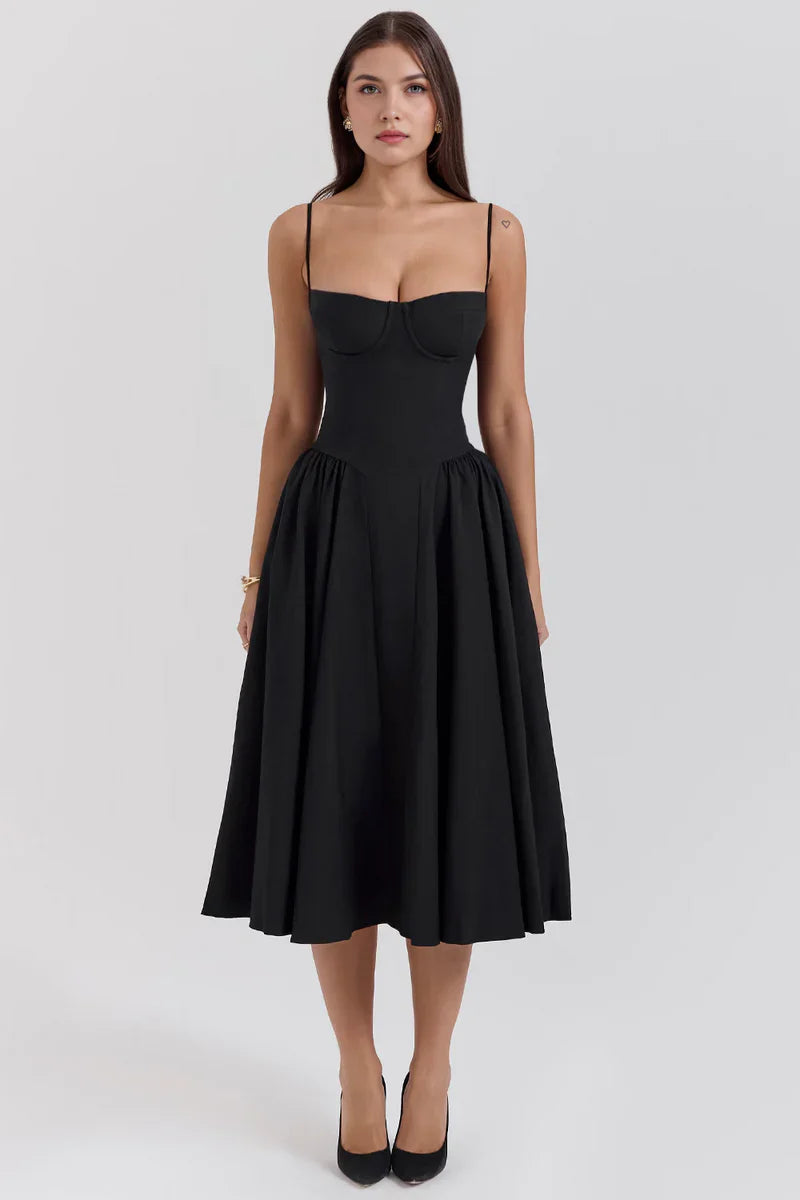 Corset Midi Jurk met Spaghettibandjes