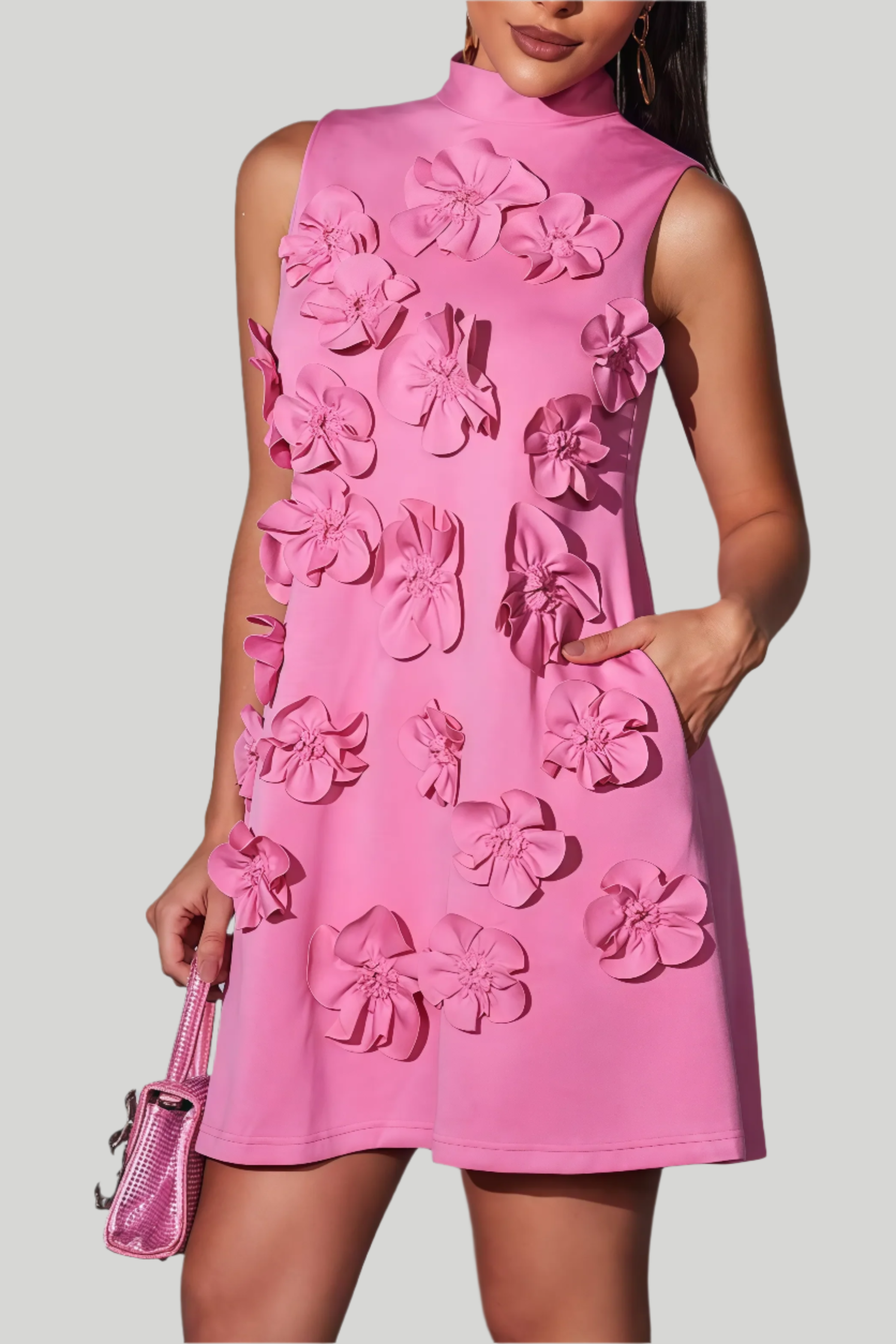 Roze minijurk met 3D-bloemen