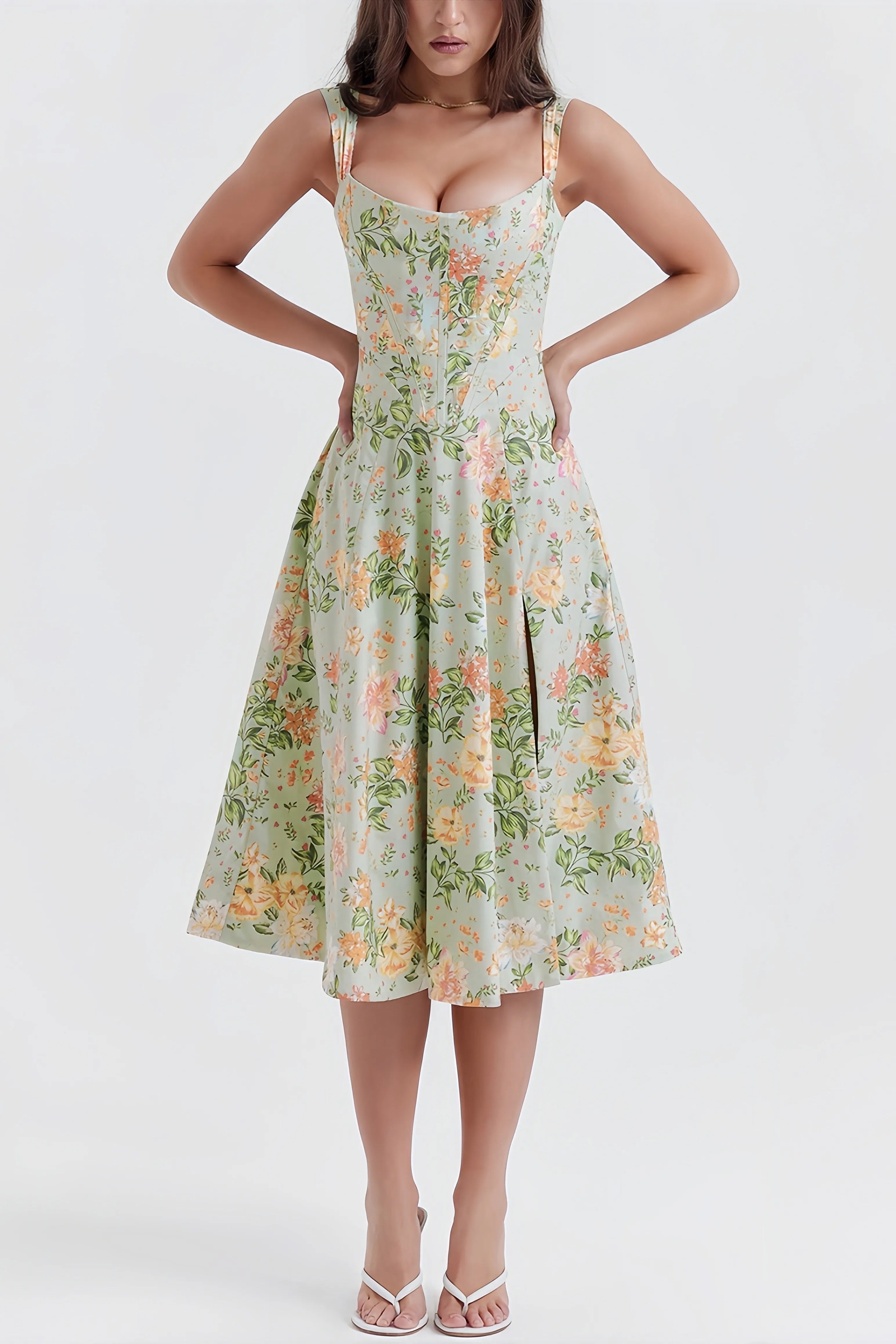 Groene bloemen midi-jurk met split